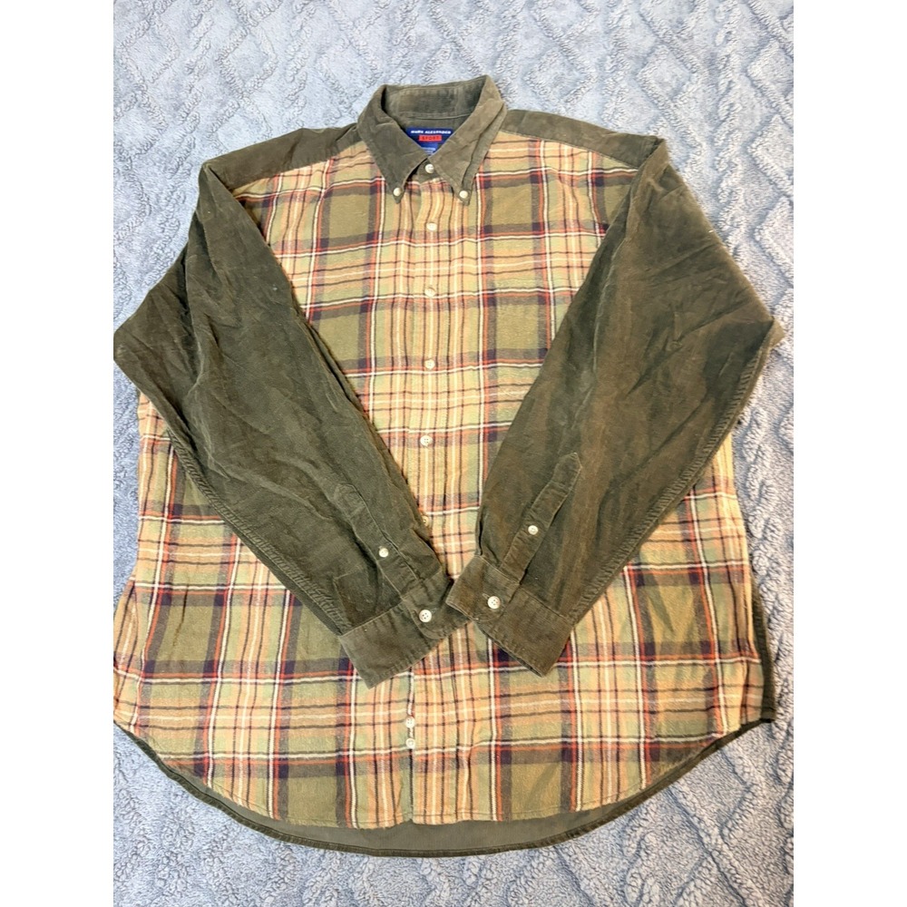 Vintage Mark Alexander Sport XL Plaid Corduroy Shirt 90s Green Flannel Button Up